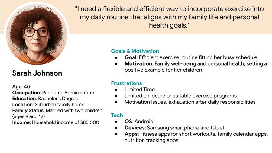 Sample persona detail — Sarah Johnson, part-time administrator, fitness app user