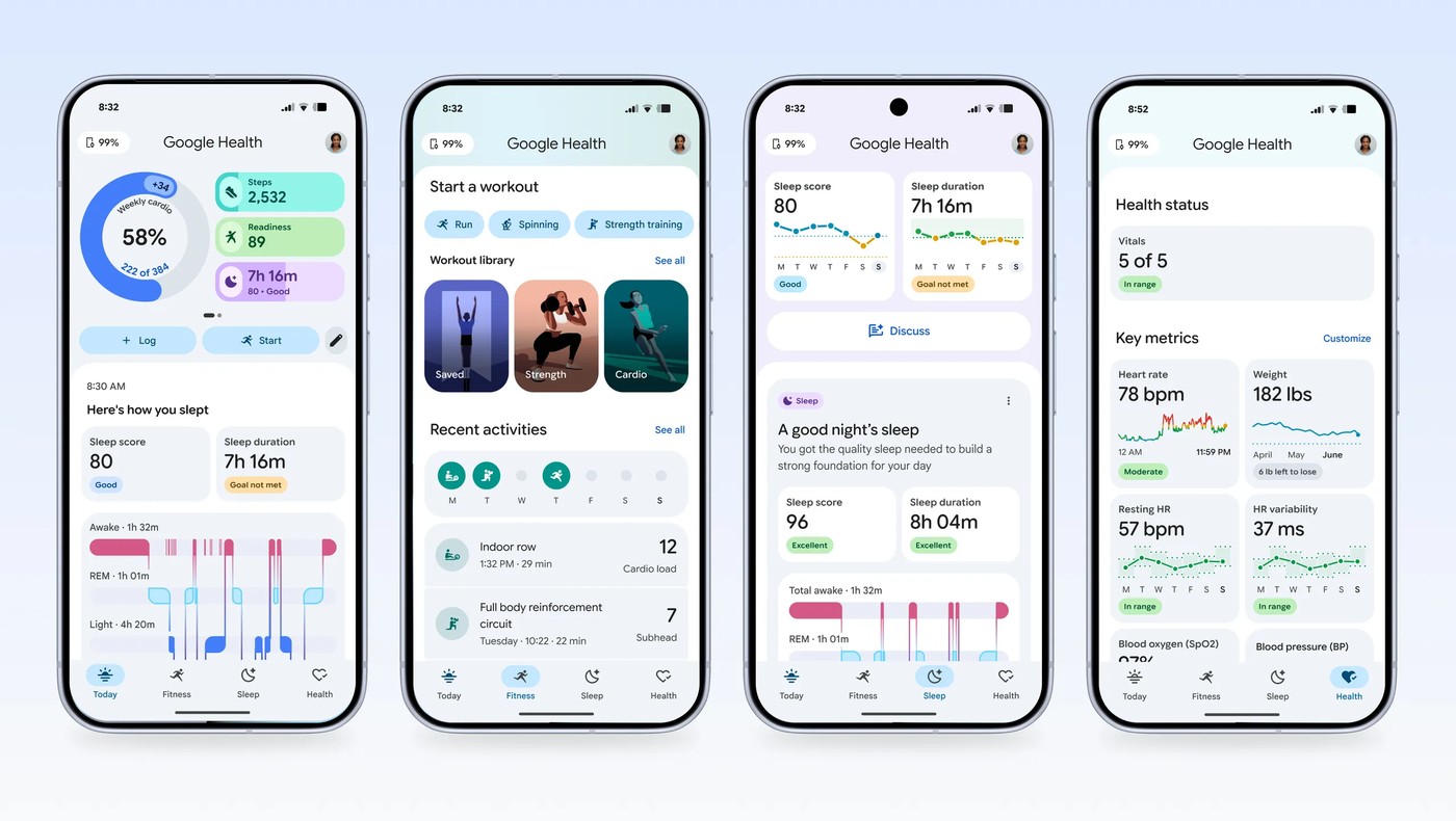 Google Health app — four screens showing Today, Fitness, Sleep, and Health tabs